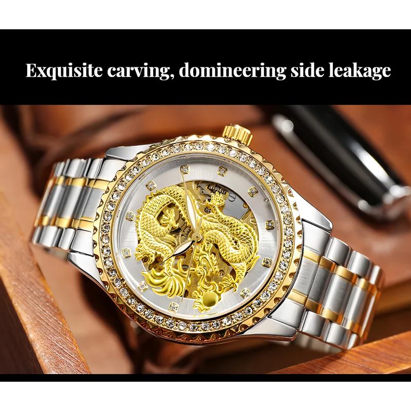 Dulunwe Dragon Watch Skeleton Men's Wrist Watches Luxury Automatic Mechanical Diamond Waterproof Luminous Stainless Steel Watches