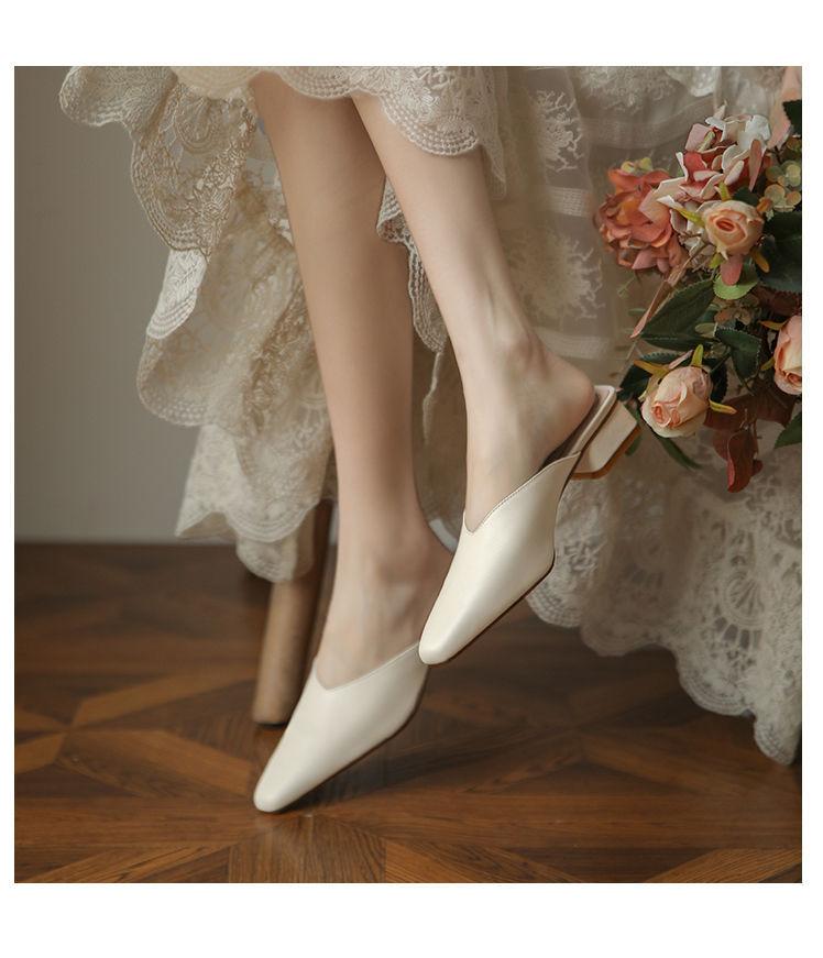 Flat-bottomed Bag Head, Half Slippers, Women's Summer Wear Thick Heels, Soft Leather One-word Drag, Women's Pointed Mueller Shoes, Square Head,