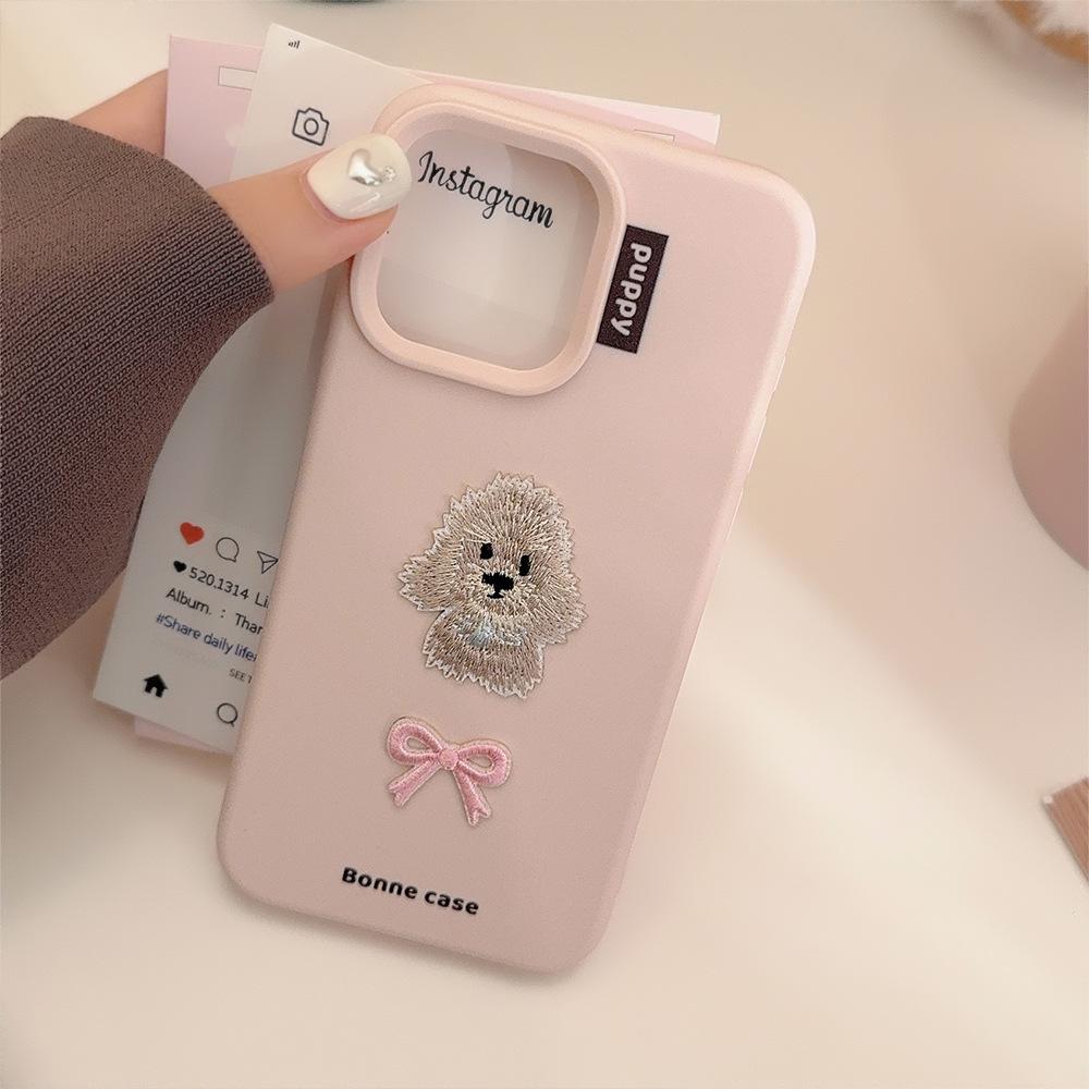 Ins Bow Embroidered Puppy 16 Mobile Phone Case Apple 17 Anti-fall Iphone15pro Max Suitable for 13 Sweet Girls