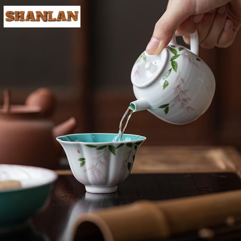 145ml Turquoise Green Hand-painted Wisteria Flower Teapot Antique Tea Infuser Pot Tea Soaking Kettle With Ball Hole Cafes Craft