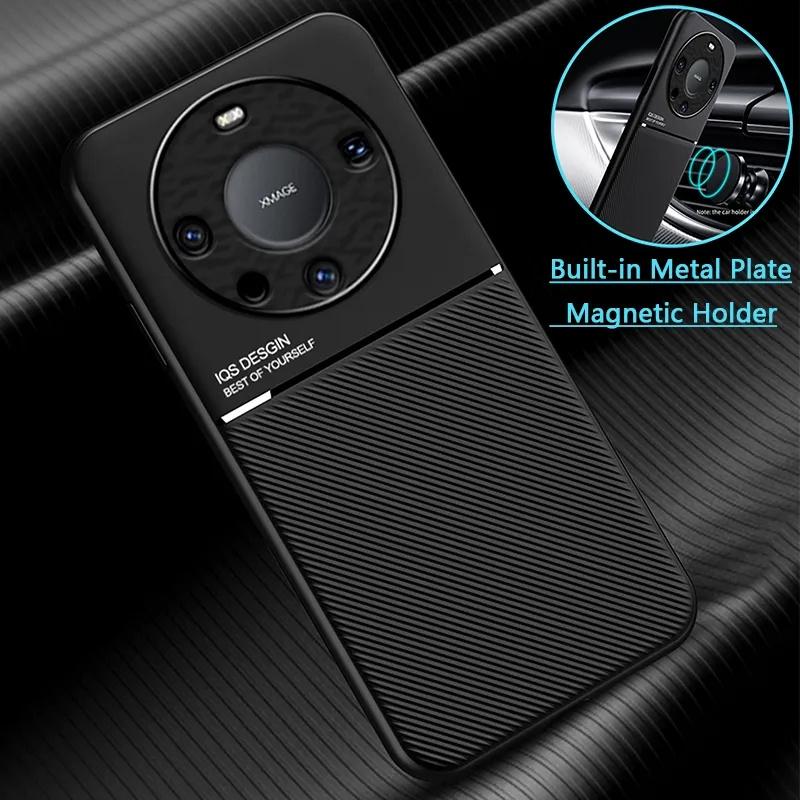 

Чехол для Huawei Mate 60 с кожаной текстурой, магнитный держатель, чехлы для телефонов для Huawei Mate 60 Pro Mate 60Pro, противоударная мягкая задняя крышка