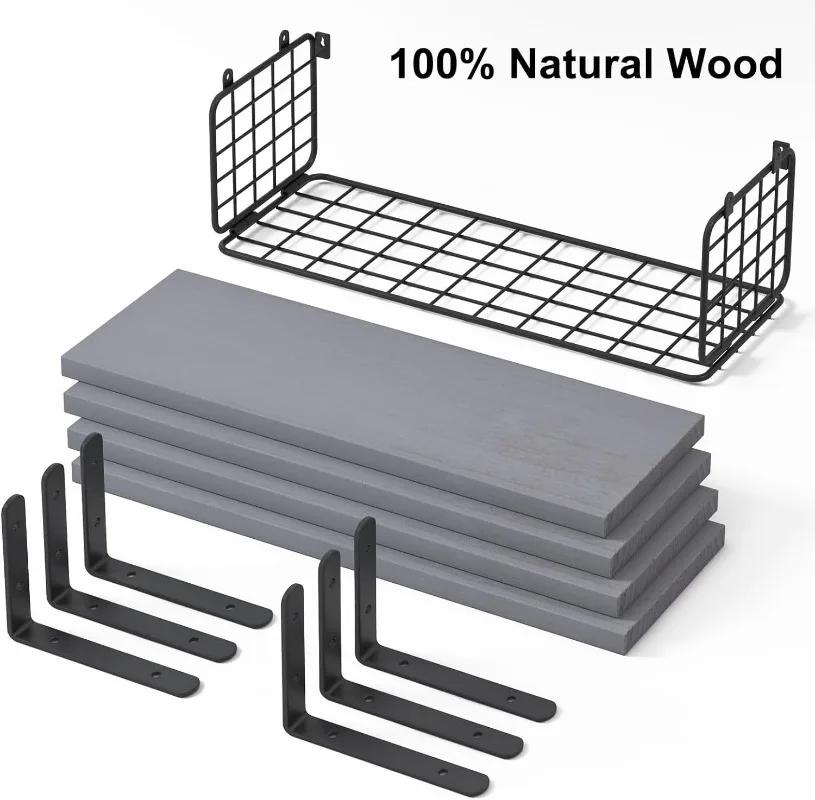 Natural Wood Bathroom Floating Shelves Bathroom Wall Mounted Towel Rack Toilet Paper Holder Home Accessories Garden Set of 4