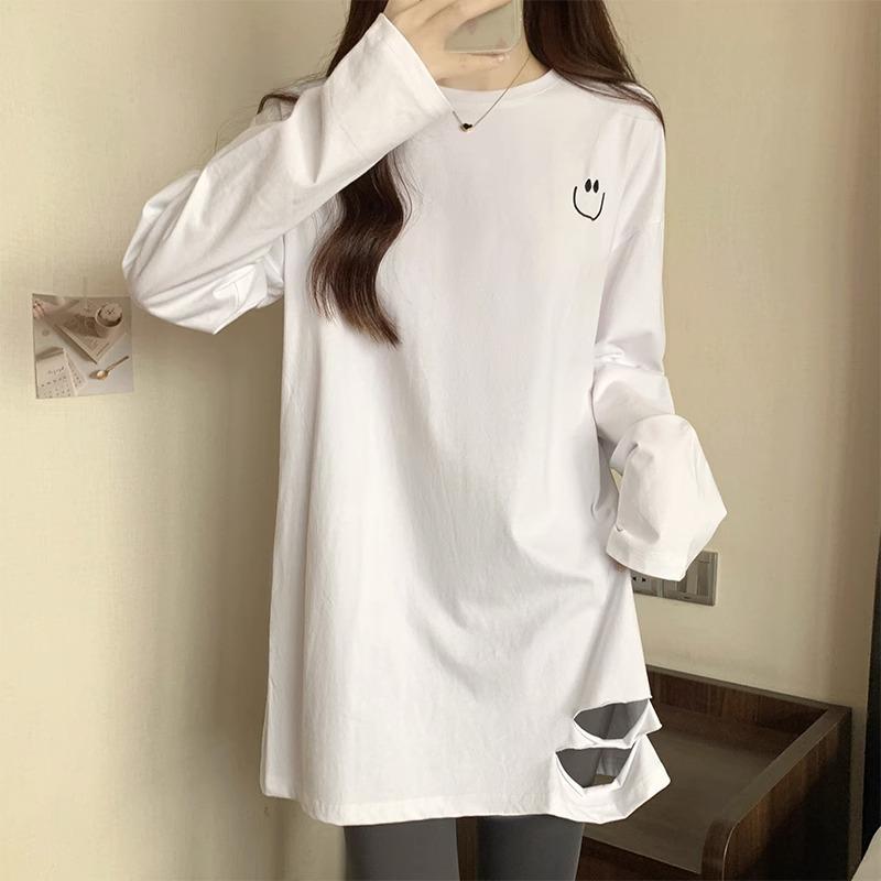 Weißes Samt verdicktes Herbst- und Winter Langarm Unterhemd T-Shirt für Damen, mittellang mit Shark Pants, lockeres Innenoberteil