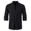 Men's Plus Size Cotton Henry Shirt Hippie Casual Long Sleeve Beach Stand Collar Shirt Man White Black Oversized Tops