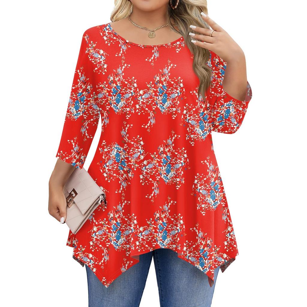 Womens Plus Size 3/4 Sleeve Shirts  Round Neck Tunic Tops Basic Loose Fit Tee Tops L-5XL