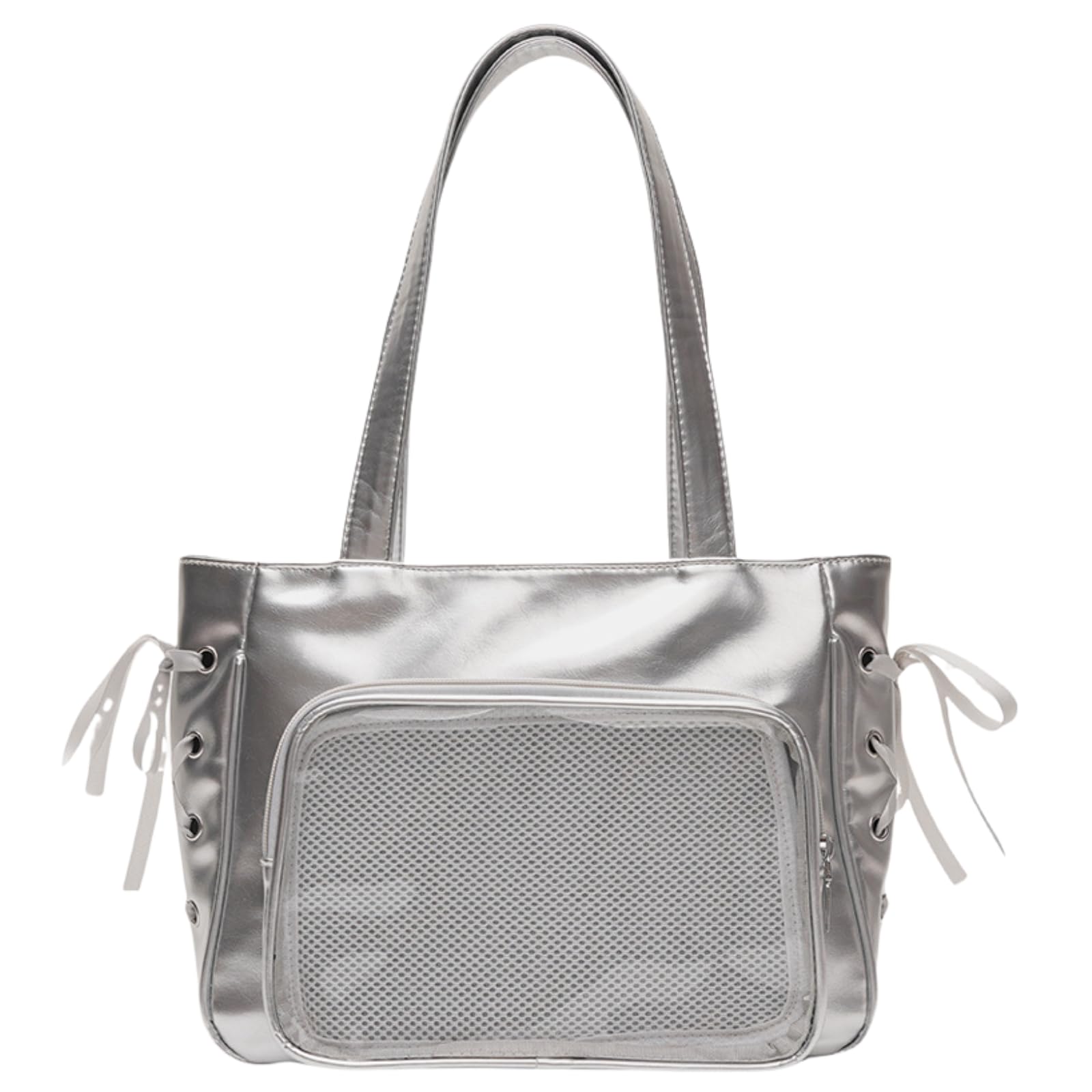 

Harujio Сумка-тоут з прозорим віконцем для іта-бейджа, Шнурівка, Стрічка, Під шкіру, Чорний, Білий, Червоний, Сріблястий, Милий, Стильний, Стрічка, Популярний, (Срібло)