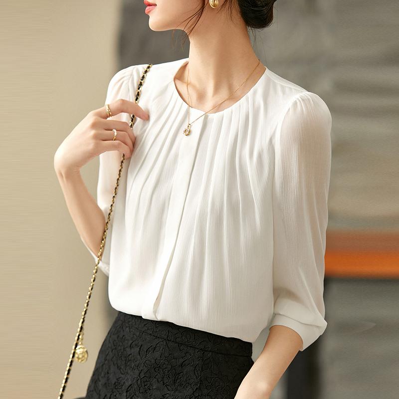 Fashion Crew Neck White Pleated Chiffon Shirt Women's 2025 Spring Summer Loose Casual Blouse Commuter Seven-quarter Sleeve Top Simple Clothes 2741