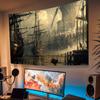 2D Medieval Sailing Vessel Tapestry, Nautical Port Scene Backdrop for Bedroom