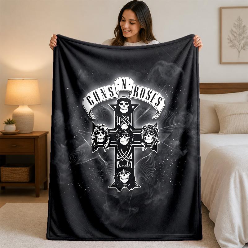 Guns N’ Roses Print Flannel Blanket Cozy Lightweight Plush Throw Blanket For Bed Sofa Household Use