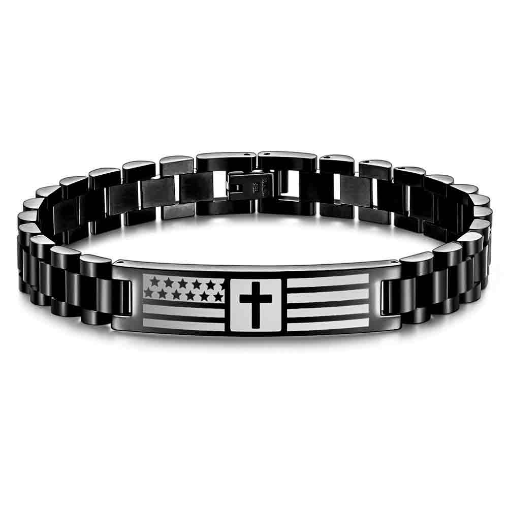 10MM Engraved Cross Bracelet, Men's Stainless Steel Scripture Curved Plate Bracelet