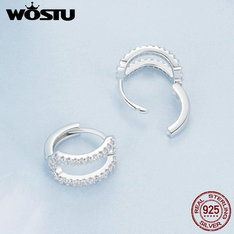 WOSTU 925 Sterling Silver AAA Zircon Wedding Earrings For Women Double-layered Stud Earrings Hoop Ear Buckles Party Jewelry Gift