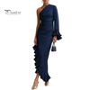 Soft Fabric Dress Women's One Shoulder Asymmetric Ruffle Satin Dress, Formal Everyday Wear Evening Party Gown, Long Sleeve Ruched Bridesmaid