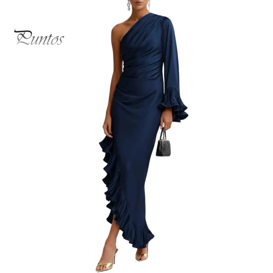 Soft Fabric Dress Women's One Shoulder Asymmetric Ruffle Satin Dress, Formal Everyday Wear Evening Party Gown, Long Sleeve Ruched Bridesmaid