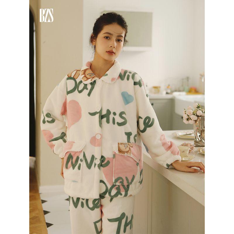 

24-Year Winter New Arrival Multi-Color Print Pajamas Can Be Outerwear Homewear Fleece-lined Thickened Milk Fiber Cashmere Suit Love Bear L [recommend 60.00 kg-67.50 kg]]