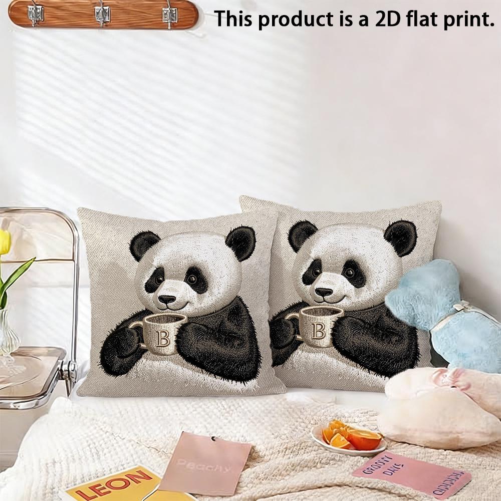 2pcs Cute Panda Drinking Coffee Letter B Throw Pillow Cover Home Decor Cushion Case Cushion Cover