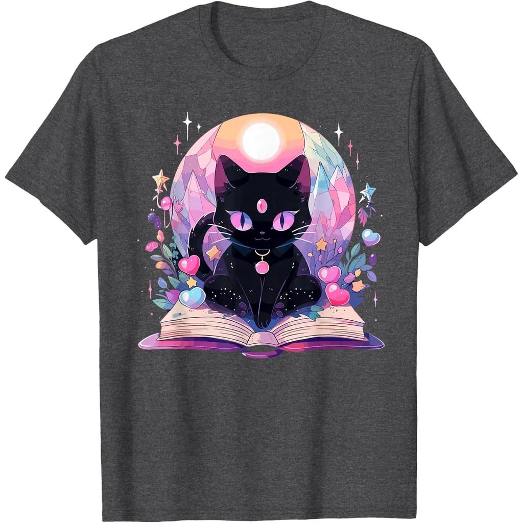 Book Lover Crystal Witchy Cute Black Cat Kawaii Pastel Goth T-Shirt