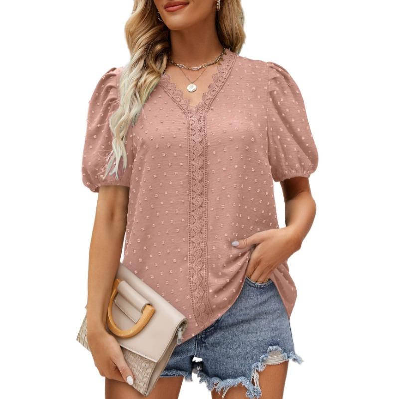 

Summer Lace Splicing Dot Jacquard Blouse Casual Elegant Women Short Sleeved Shirt New Sweet Loose Tops Solid Color Simple V Neck Women s Clothing XXL