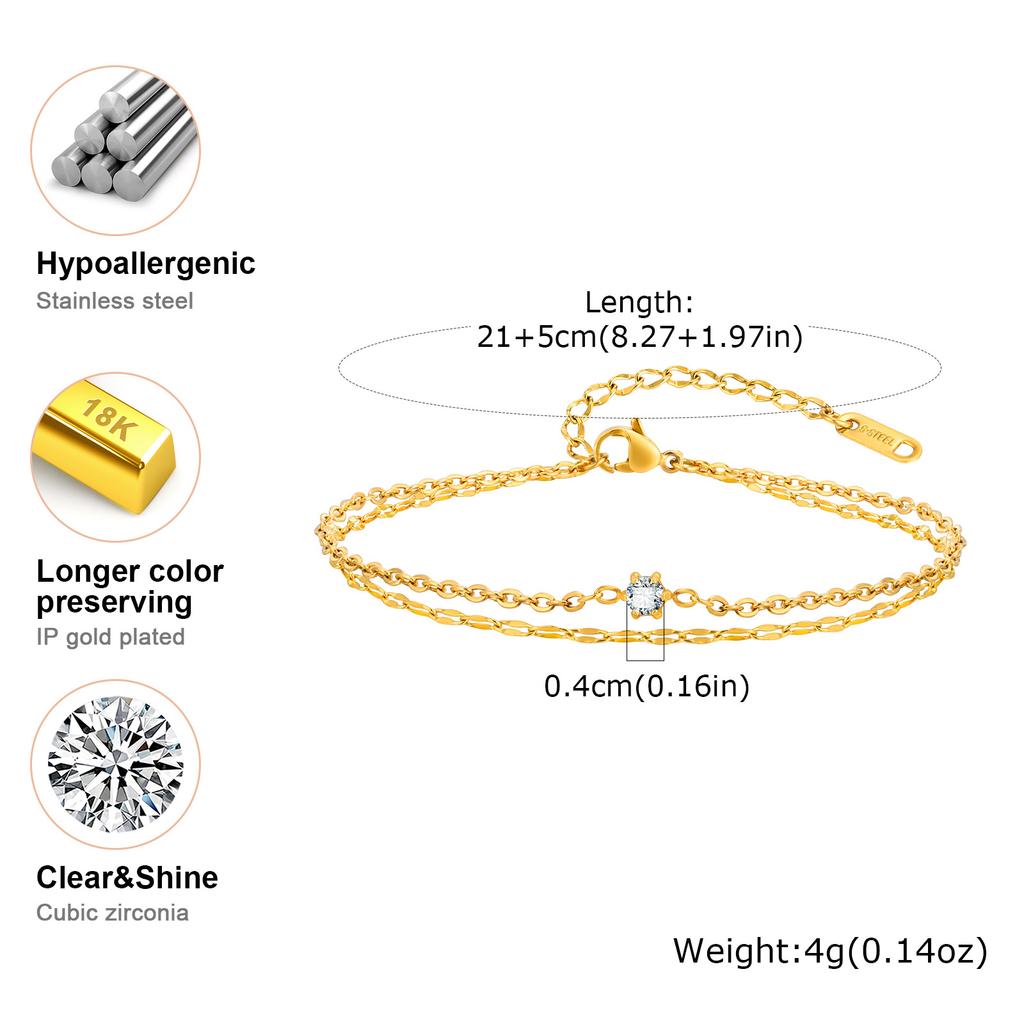 Waterproof Layered Anklet Bracelet for Women, Adjustable Gold Plated with Zirconia Stainless Steel Link Foot Chain Jewelry
