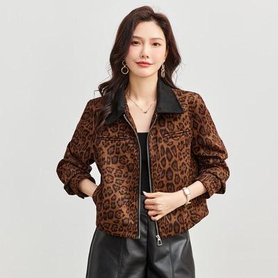 TERRE BLEUE Women's Leopard Print Lapel Jacket