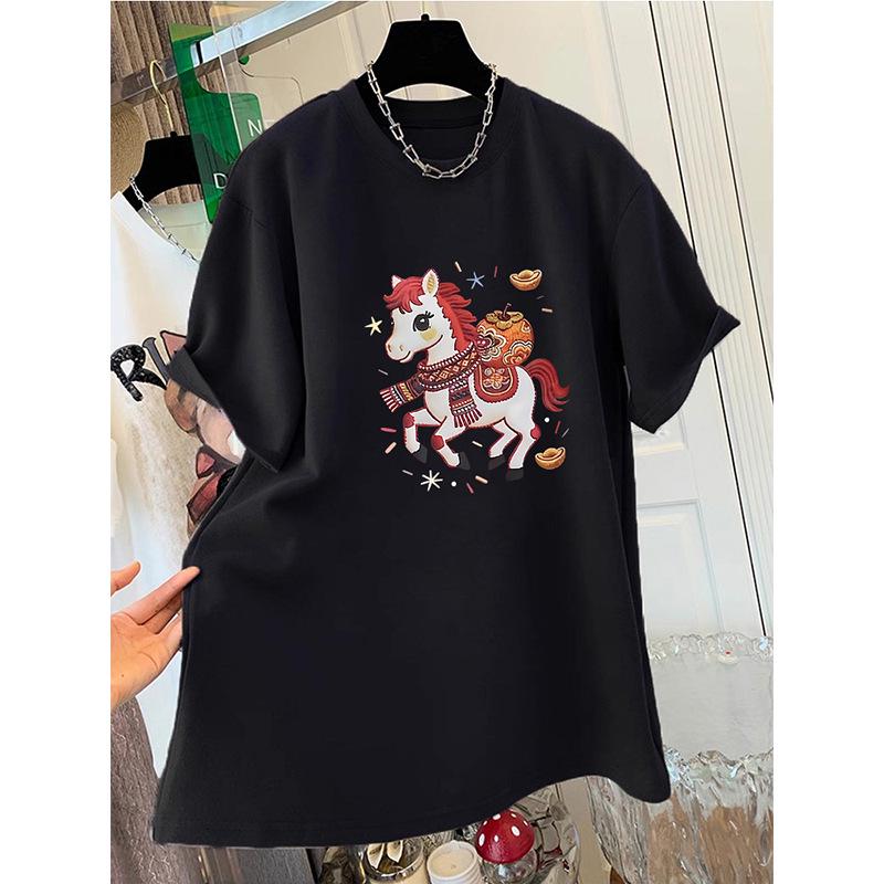 Women's Oversized Short Sleeve Cotton T-shirt, Round Neck, Mid-Length, Hip Covering - 2026 Spring/Summer/Autumn Collection