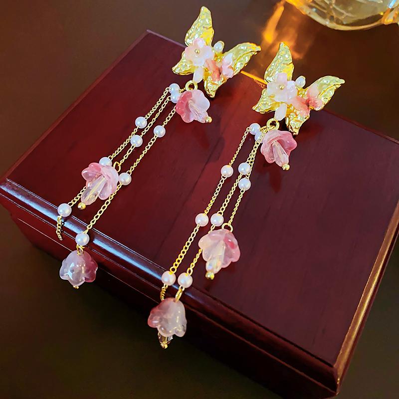 Pink Butterfly Earrings With Long Tassel Sparkly Zircon Crystal Imitation Pearl Beads Earrings Light Luxury Party Ear Jewelry K-