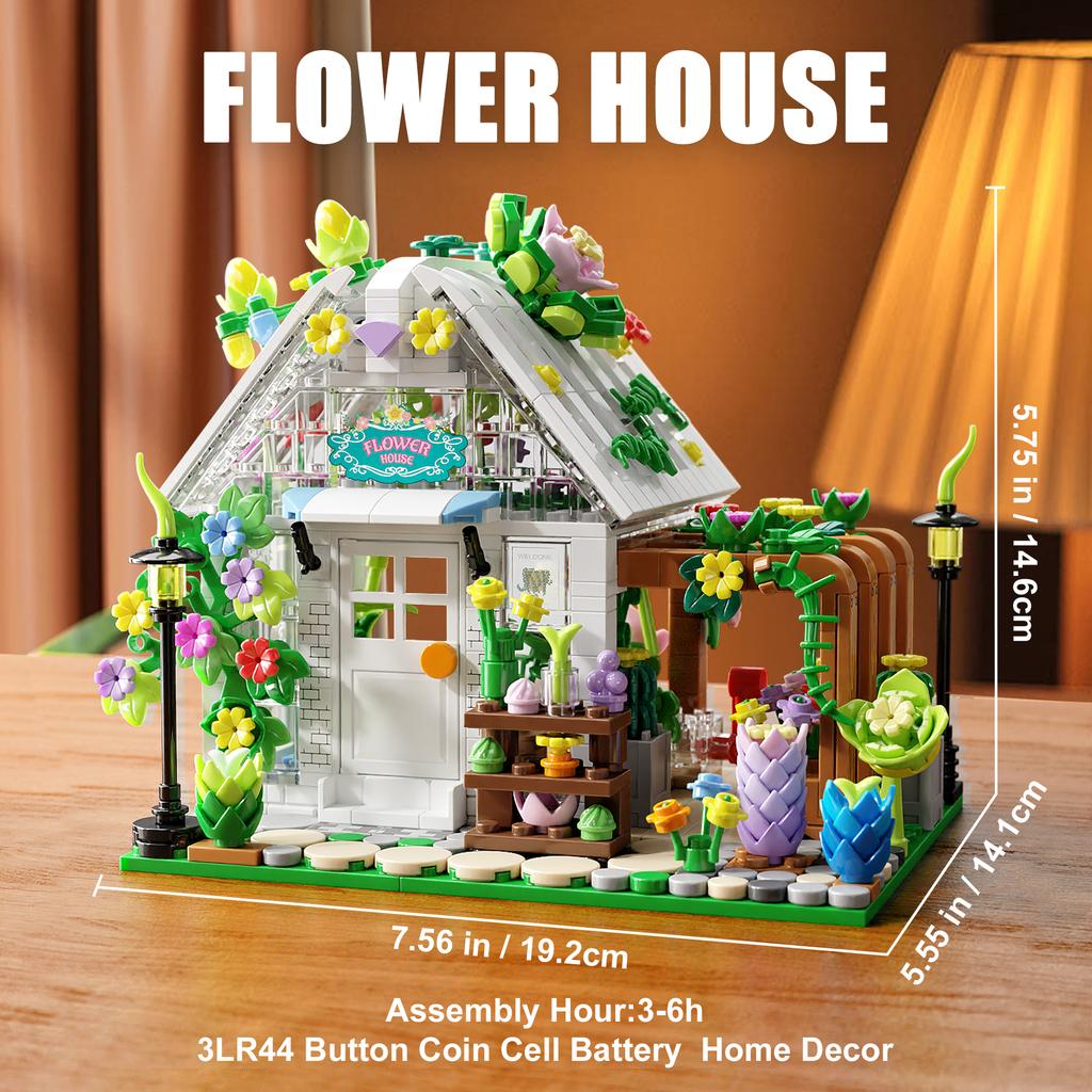 719PCS Flower House Building Block Toy Set City Street View Assembly Puzzle Bricks Model with LED Light Desktop Decoration Gifts