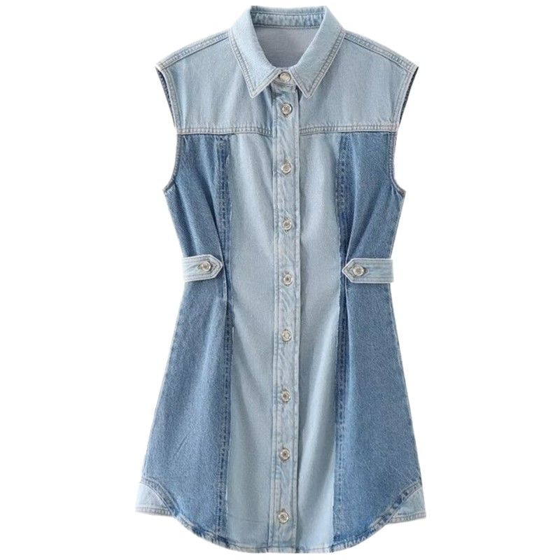 Fashion Style 2024 Summer New Arrival Women's Lapel Sleeveless Waist Mini Patchwork Denim Dress 5862085