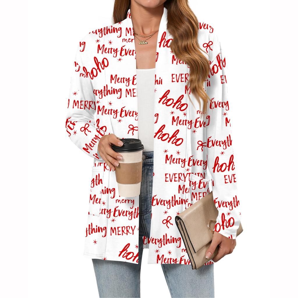 Women's Christmas Printed Lightweight Cardigan Long Sleeved Casual Loose Thin Fit With Pockets Cardigan Jacket