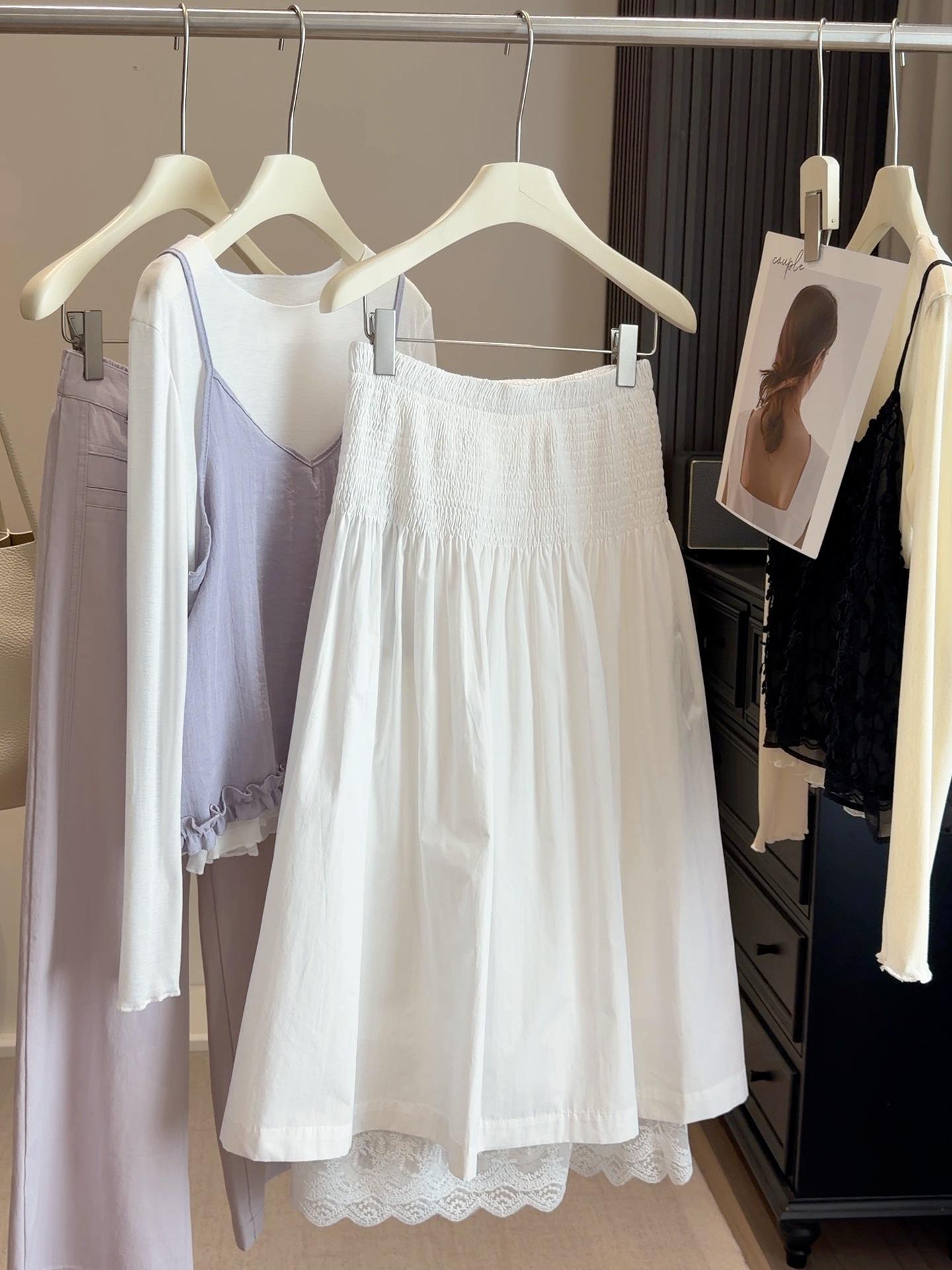 Elegant Korean Dongdaemun High-Waisted Shirred Lace Patchwork White Skirt for Women One Size белый