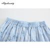 Japanese Mori Girl Spring Summer Women Blue Floral Skirt High Waist Print Elegant Skirt Cotton Linen Feminine A-Line Skirt