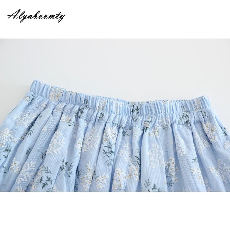 Japanese Mori Girl Spring Summer Women Blue Floral Skirt High Waist Print Elegant Skirt Cotton Linen Feminine A-Line Skirt