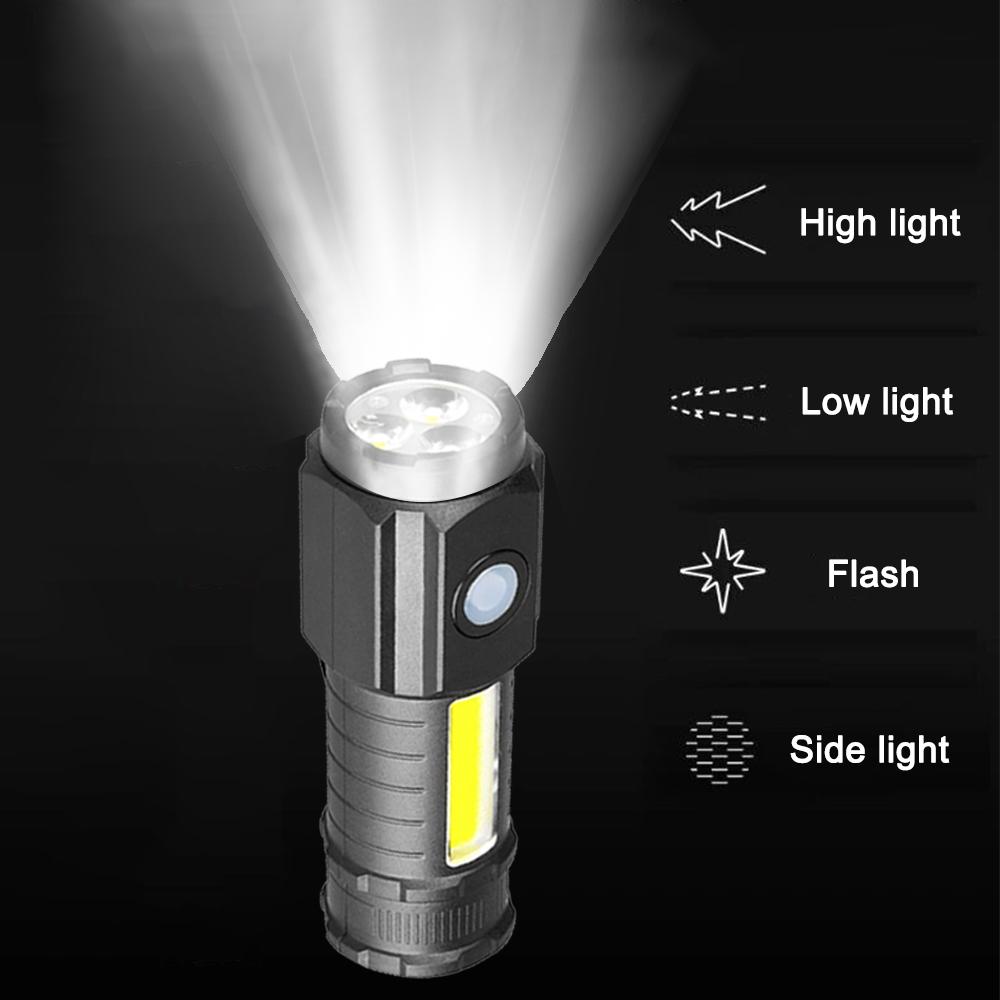 Portable outdoor flashlight, Four lighting modes, Pen clip design, Magnetic bottom, USB port charging