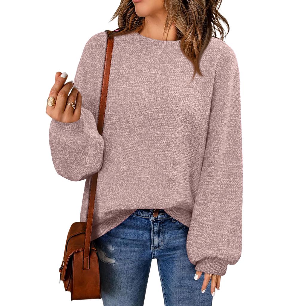 Women's Fashion Round Neck Pullover Sweater Casual Versatile Solid Color Knit Top