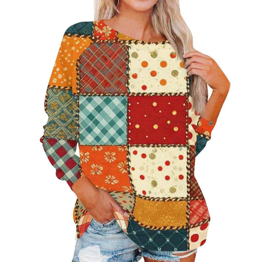 Dámský módní top s kulatým výstřihem, dlouhým rukávem a potiskem, ležérní pulovr