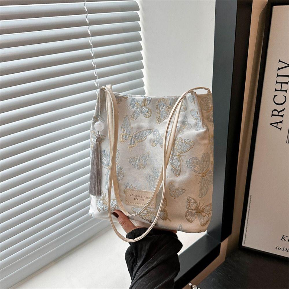 

Новая вышитая наплечная сумка в китайском стиле, сумка-ведро с бабочками и цветами, креативный подарок белый