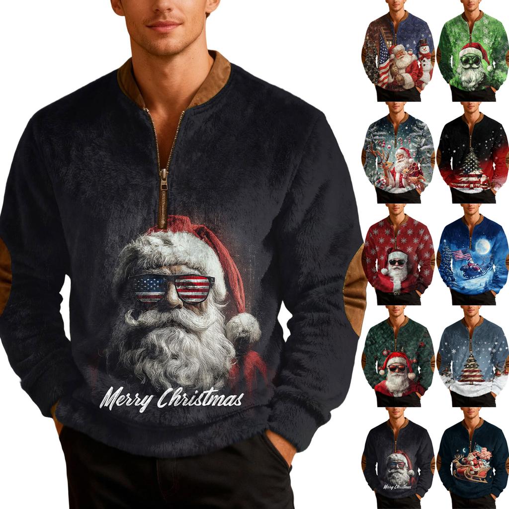 Men's Casual Christmas Print Zip-Up Sweatshirt for Holiday Party and Winter Wear