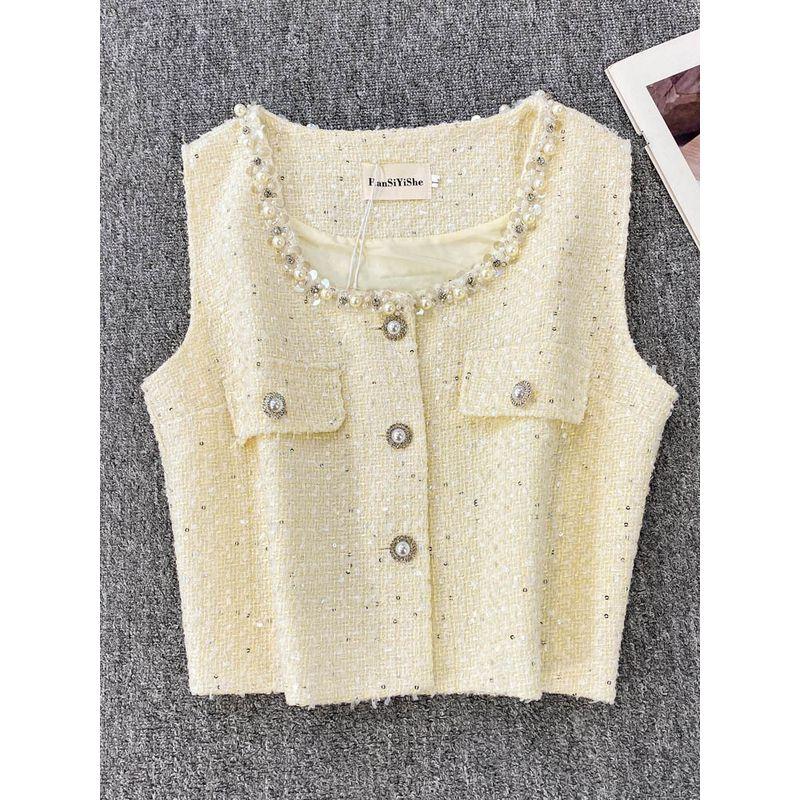 2025 Spring and Summer New Korean Style Heavy Industry Beads Round Neck Sleeveless Single-Breasted Graceful Versatile Temperament Vest Outerwear
