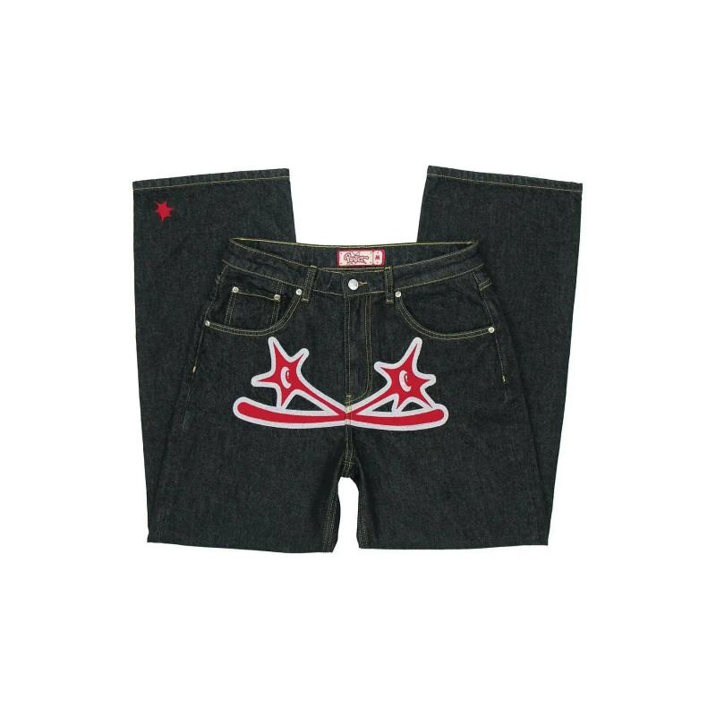Mens Hip Hop Streetwear Baggy Jeans With Print Design Cotton Stretch Denim Trousers Casual Fall Wear