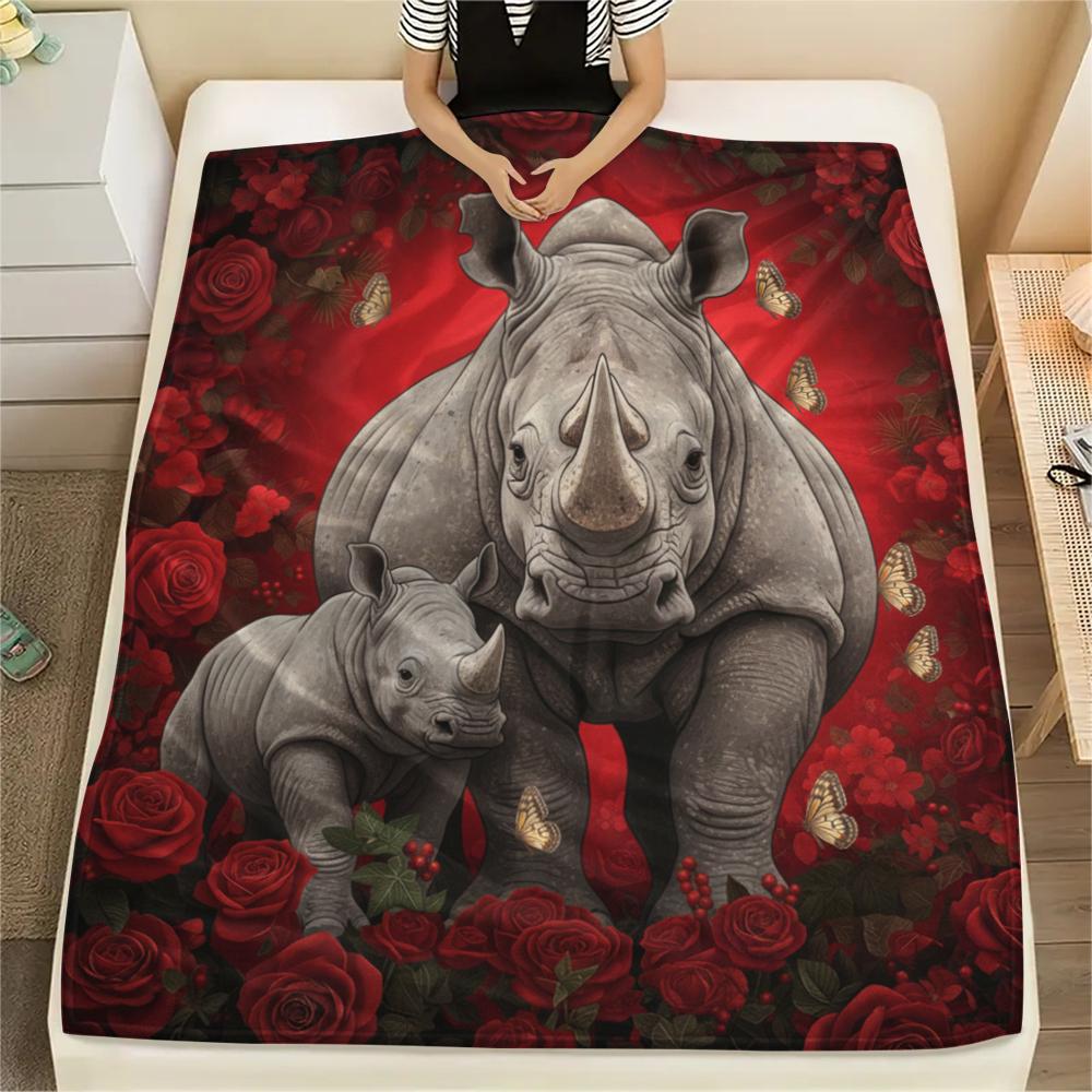1PC Red Rose Animals Print Flannel Blanket, High Quality All Seasons, Home Decor, Warmth and Comfort, Perfect for Christmas Gifts