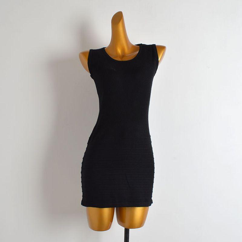 

Summer Solid Color round Neck Sleeveless Knitting Vest Dress Women s Back Mesh Patchwork Lace Hip Skirt Black One size