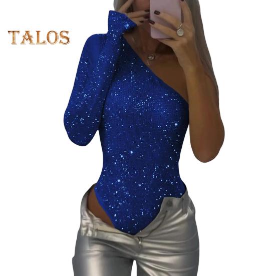 

Женский сексуальный боди с пайетками, длинный рукав, одно плечо, топ-труба, комбинезон, женский облегающий цельный комбинезон для вечеринок, клубов, баров S