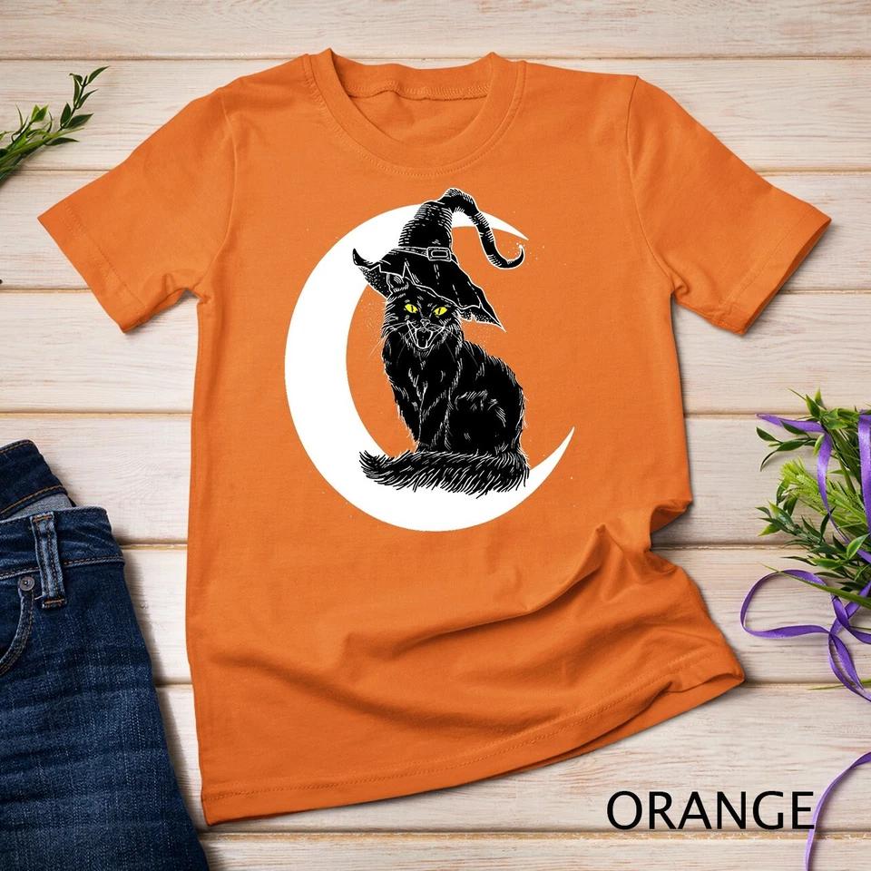 Vintage Halloween Scary Black Cat Witch Hat Moon Witchy Gift Unisex T-shirt 4 S