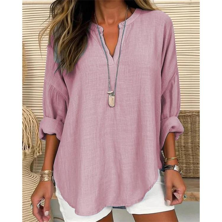 Women's Cotton Linen Shirt Loose Casual Long Sleeve Top with Stand Up Collar