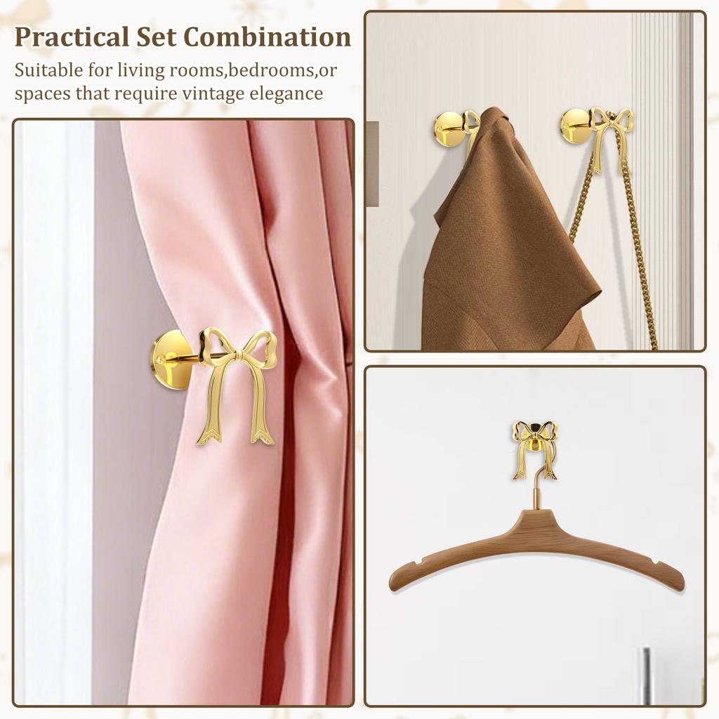 2Pcs Bow Curtain Holdback Gold Metal Curtain Tieback Wall Mounted Bow Wall Hook Pull Back Hook Decoration for Office Bedroom