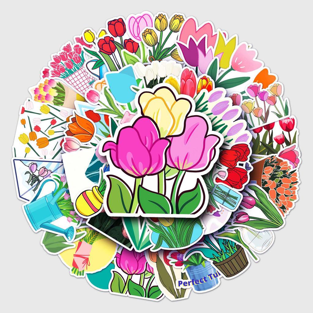 50pcs Tulip Cartoon Graffiti Stickers for Journals, Water Bottles & Suitcases - Waterproof