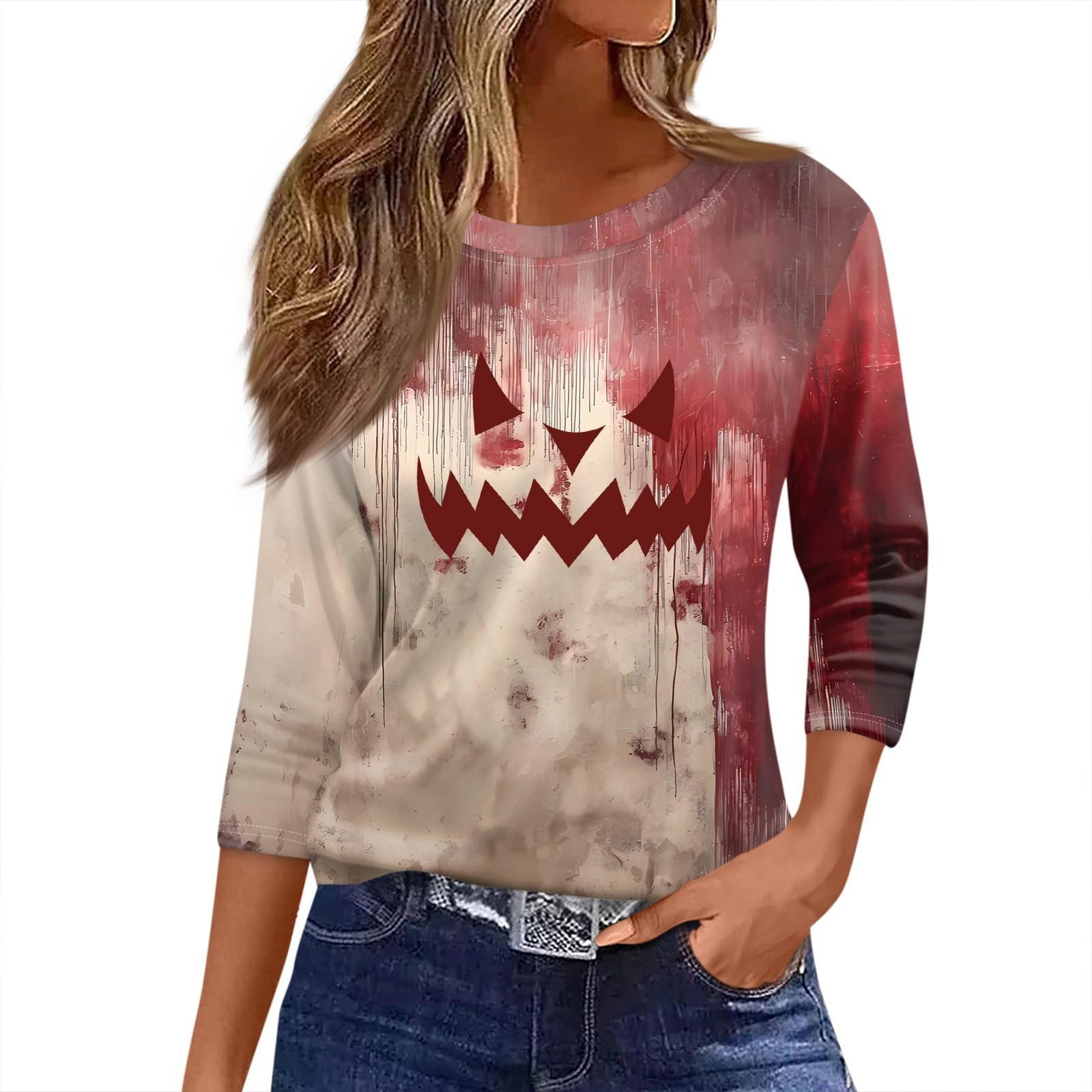 

Женская футболка с принтом на Хэллоуин, рукав 3/4, повседневная мода, базовая, с круглым вырезом, обычный топ XXXL хаки