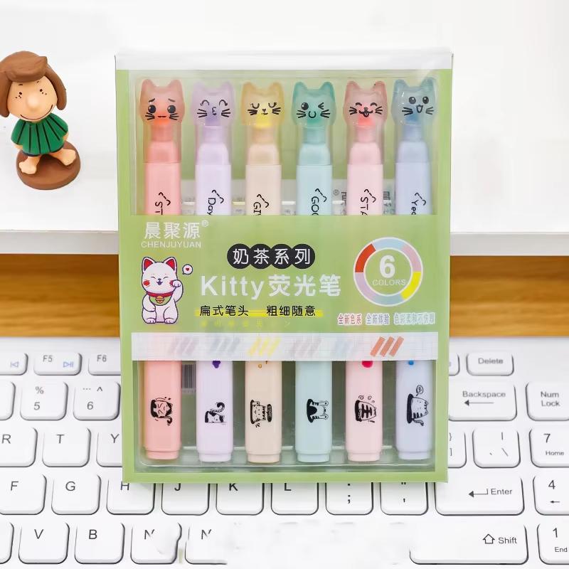 1box/6pcs Kawaii Cat Claw Fluorescent Marker Pen Student INS Style Cute Soft Head Art Graffiti Pen School Children's Supplies
