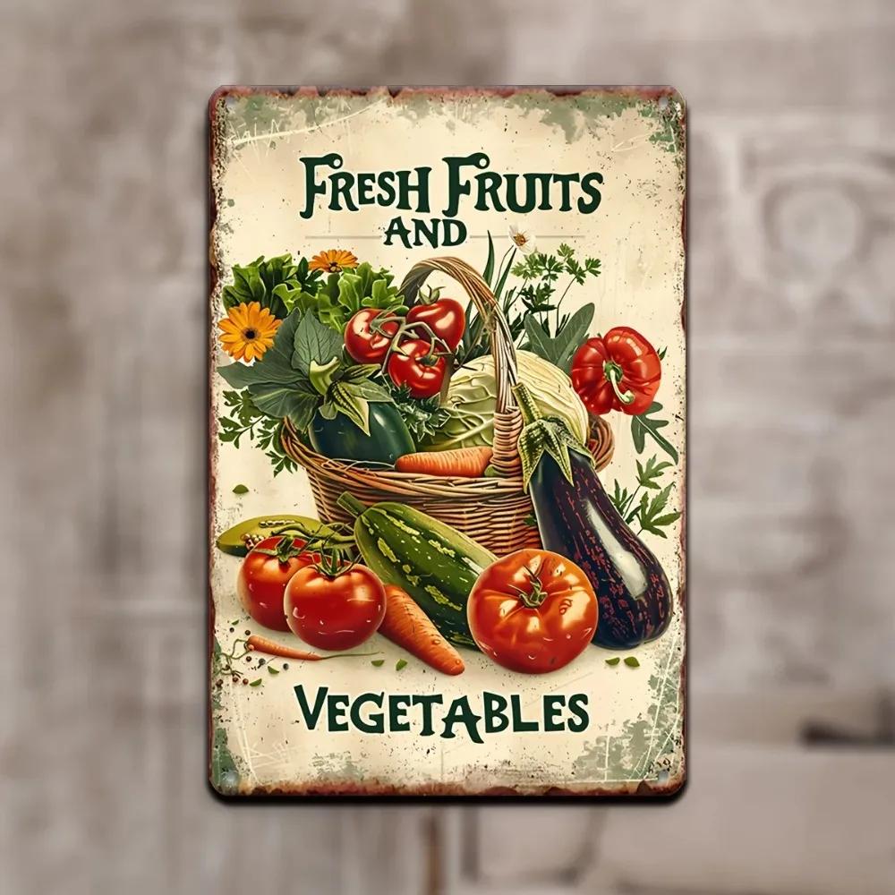 Vintage Metal Decorative Sign Fresh Fruits and Vegetables Retro Tin Wall Art for SupermarketKitchenGardenRestaurant