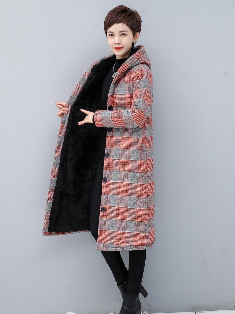 Women's Mid-length Plaid Cotton Coat - Velvet-lined, Thickened for Autumn/Winter