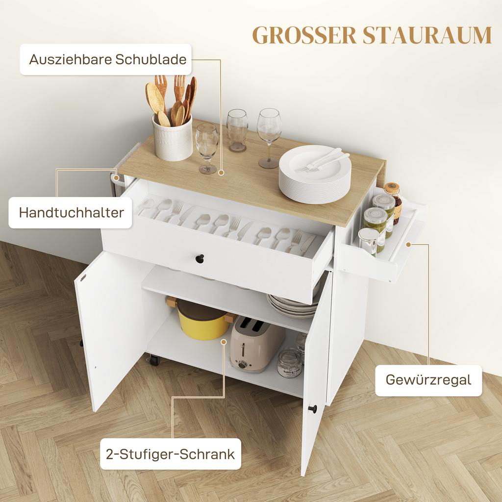 Rolling Kitchen Island with Drop Leaf, Kitchen Storage Cart with Drawer, Spice Rack and Towel Rack, White